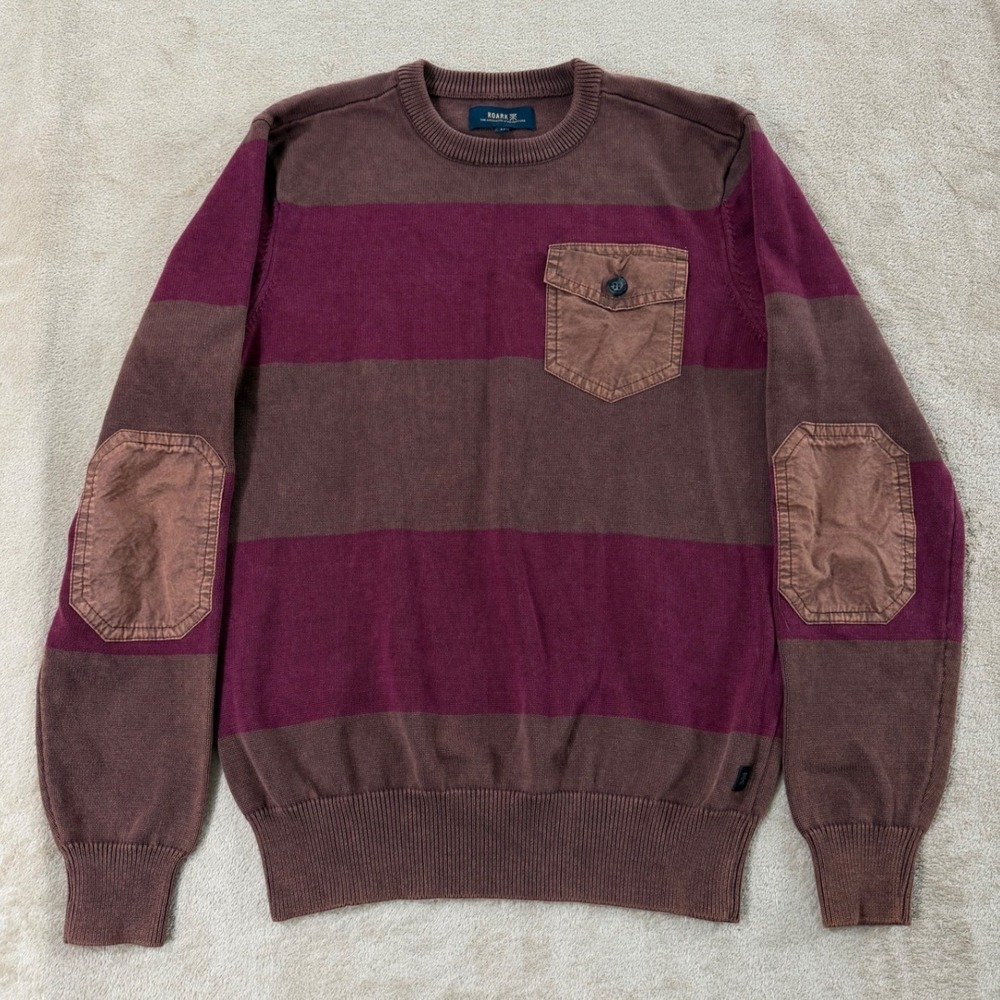 Roark Revival Sweater Mens Medium Maroon Striped Elbow‎ Patched Ribbed Neck EUC